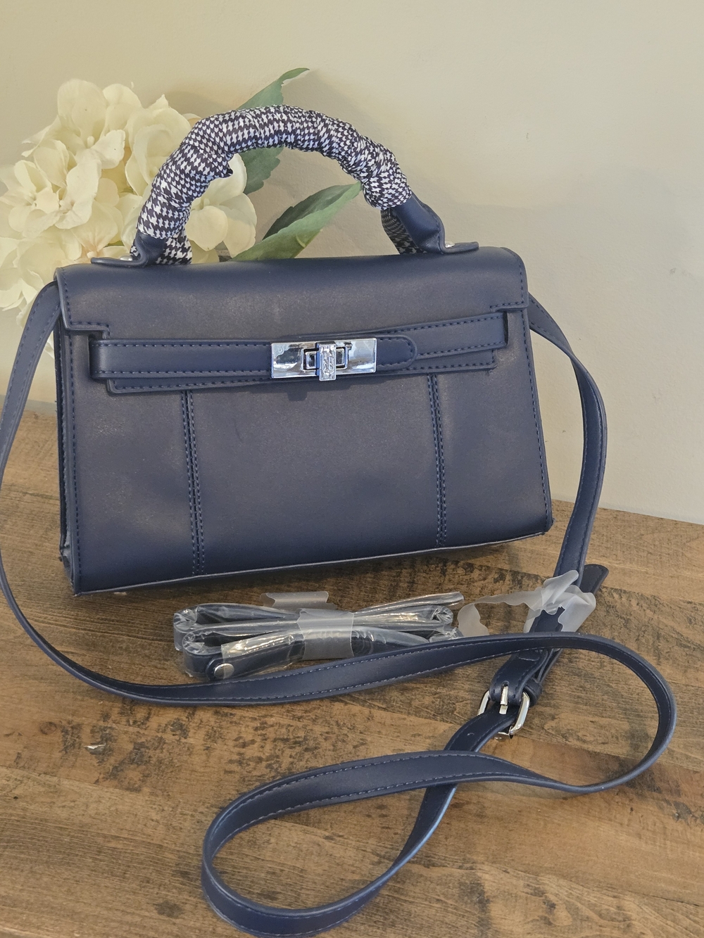 Steve Madden Navy Blue Top Handle Satchel Purse Crossbody Bag with Accent Scarf